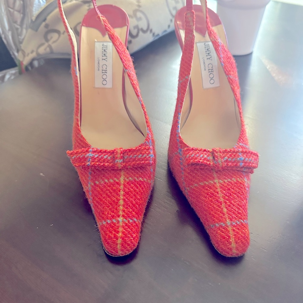 Tweed red orange sling back pumps by JimmyChoo